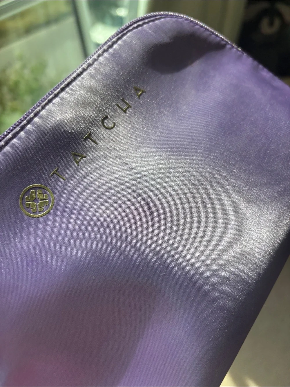 Tatcha Lavender Satin Cosmetic Case with Gold Logo